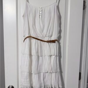 Lily Rose White Tiered Mini Dress with Brown Belt